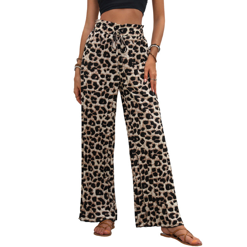 Damen Leichte Palazzo-Hose mit elastischem Bund, Bindekordel und Animal-Print Drune