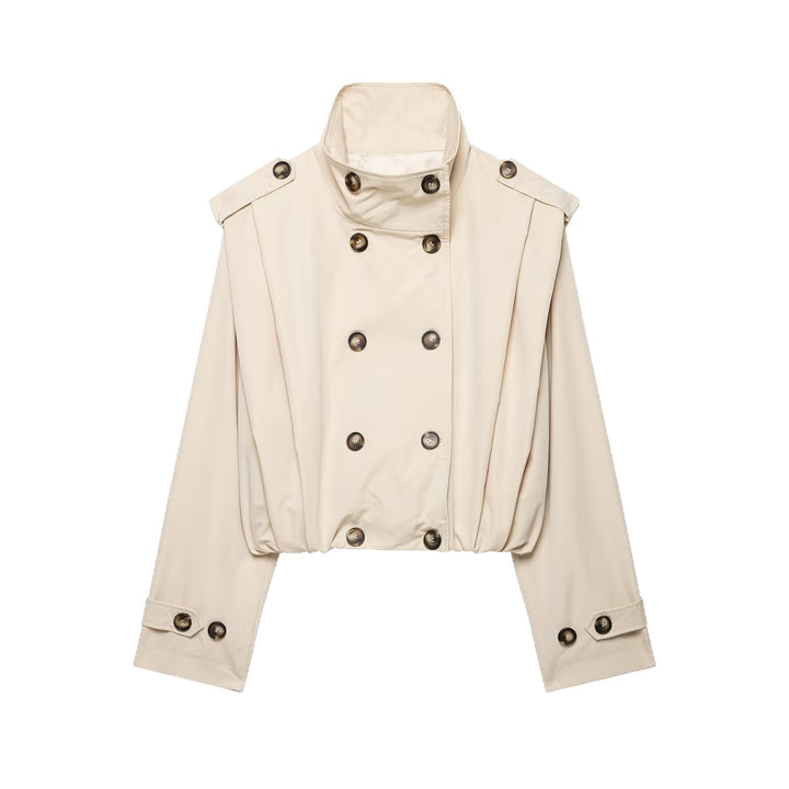Damen Cropped Doppelreihige Trenchjacke mit Funnelkragen und Tunnelzugsaum Drune