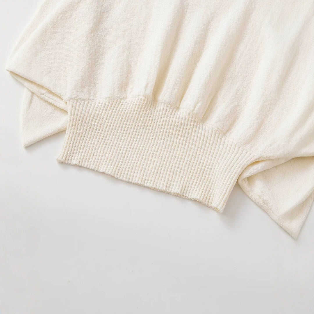 Damen weit geschnittener Cropped-Pullover mit Fledermausärmeln und breitem Rippbündchen Drune