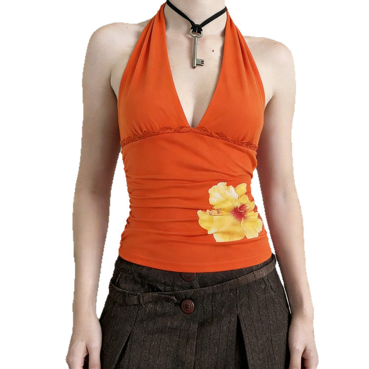 Damen Halter-Tank-Top mit floralem Design und Raffung Drune