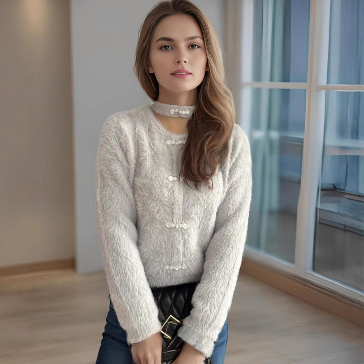 Damen kuscheliger Pullover mit hochgeschlossenem Kragen und dekorativen Knopfdetails Drune