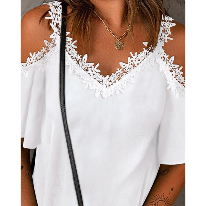 Damen Cold-Shoulder Spitzenbesatz Oberteil Drune
