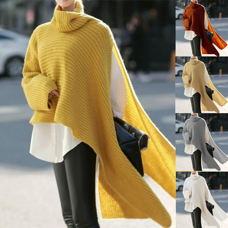 Damen Asymmetrischer Rollkragen-Poncho mit seitlichem Cape-Detail Drune