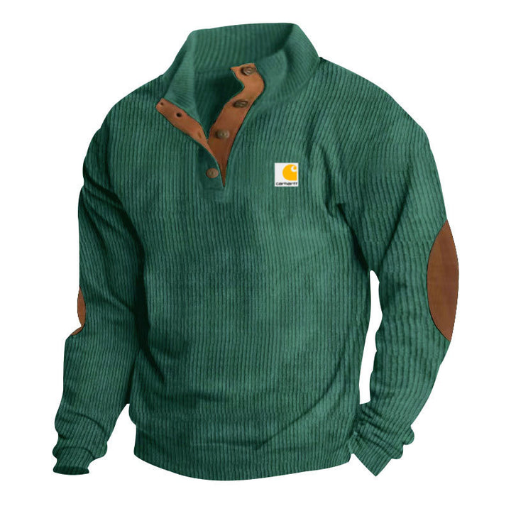 Herren nan Strickpullover im Troyer-Stil mit Stehkragen Lederbesatz Druckknopfleiste und Ellbogen-Patches Drune