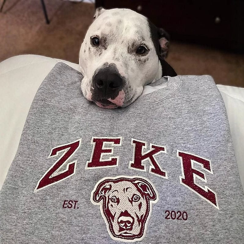 Unisex Besticktes College-Sweatshirt mit Hundeporträt und Vintage-Logo Drune
