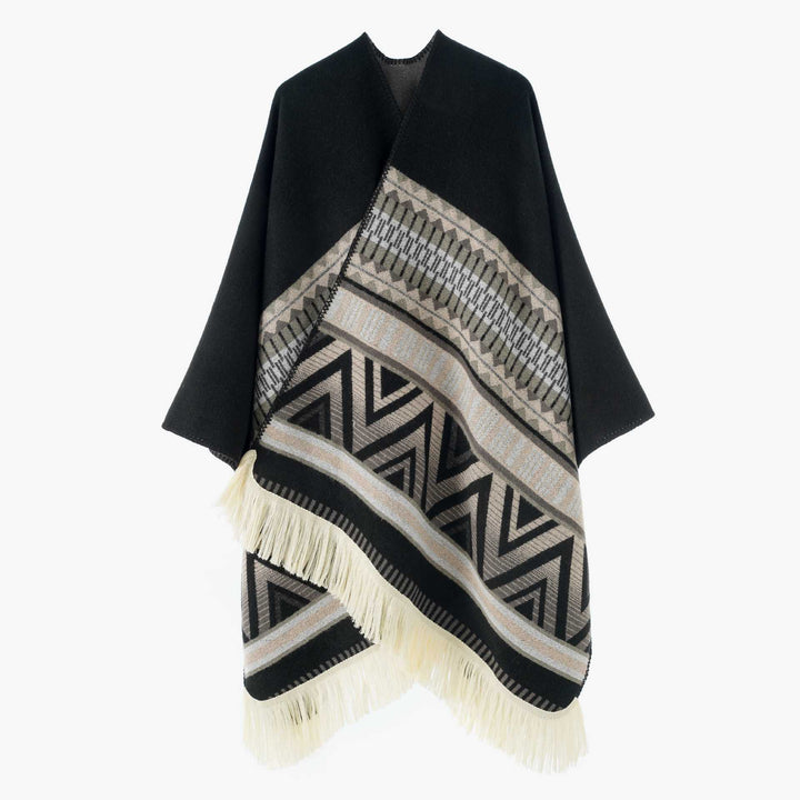 Damen Gewebter Ethno-Poncho mit Fransen und Jacquardmuster Drune