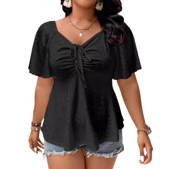 Damen A-Linien Boho-Bluse mit Lochstickerei, Raffung und Bindeband Drune