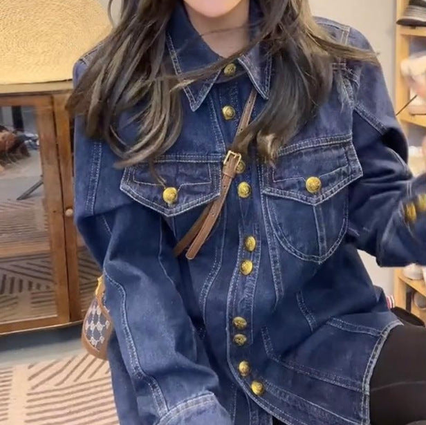 Damen Jeanshemdjacke mit goldenen Druckknöpfen Drune