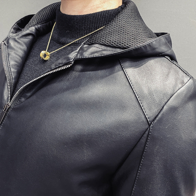 Herren Kapuzen-Lederimitatjacke im Slim‑Fit mit Reißverschluss und Raglanärmeln Drune