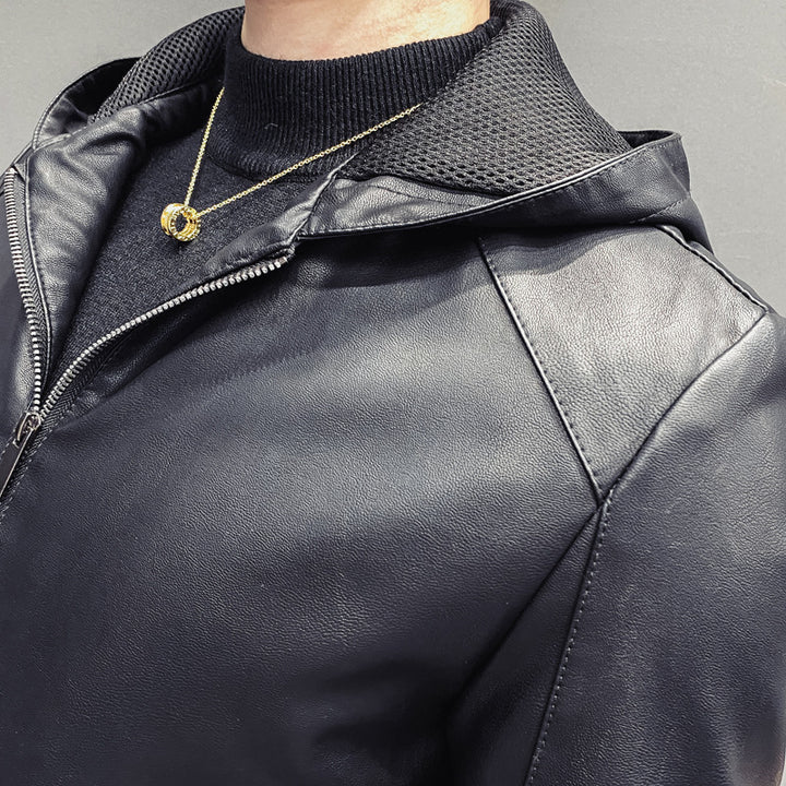 Herren Kapuzen-Lederimitatjacke im Slim‑Fit mit Reißverschluss und Raglanärmeln Drune