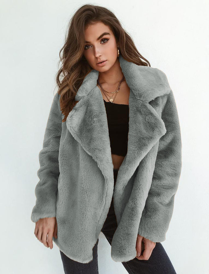 Damen Kuscheliger Oversized Kunstpelz-Mantel mit großem Reverskragen Drune