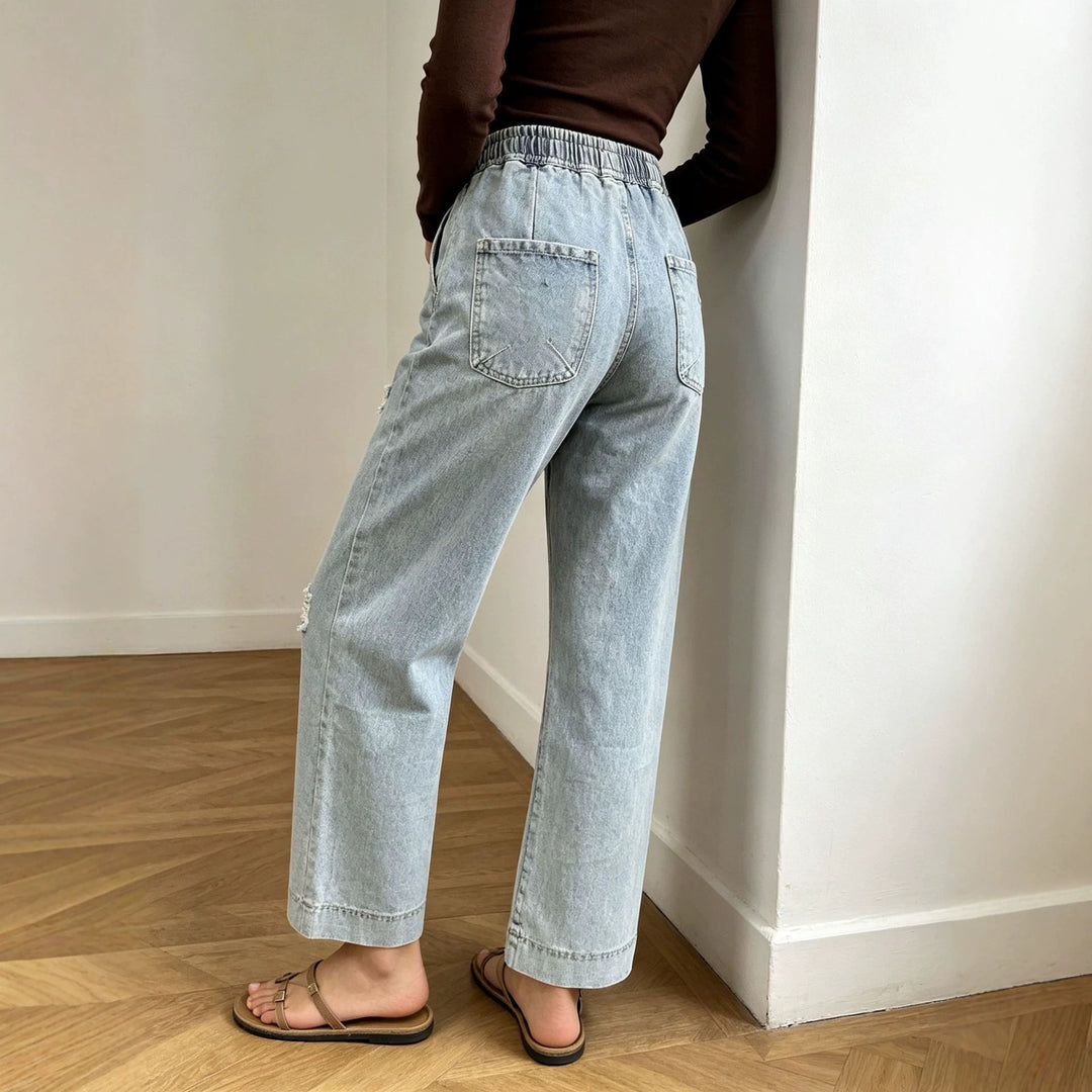 Damen nan weite Denimhose mit elastischem Kordelbund, Used-Effekten und lockerer Passform Drune