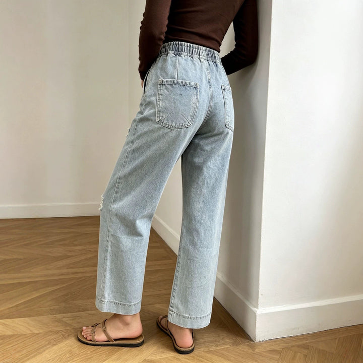Damen nan weite Denimhose mit elastischem Kordelbund, Used-Effekten und lockerer Passform Drune