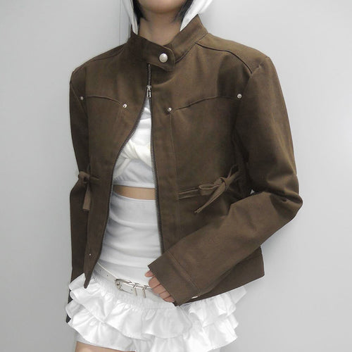 Damen nan taillierte Kurzjacke mit Stehkragen, Epauletten, Taillenriegeln und durchgehendem Reißverschluss Drune