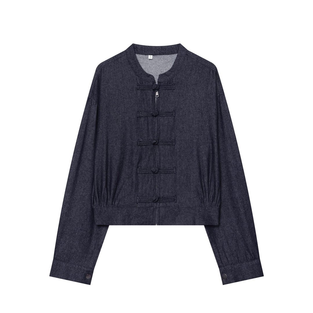 Damen Cropped Jeansjacke mit Stehkragen und chinesischen Knebelverschlüssen Drune