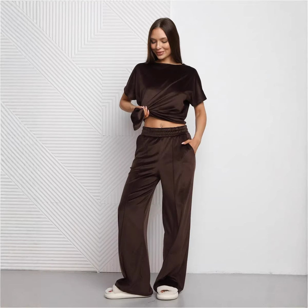 Damen Satin-Loungewear-Set mit lässigem Schnitt und weit geschnittenen Hosen