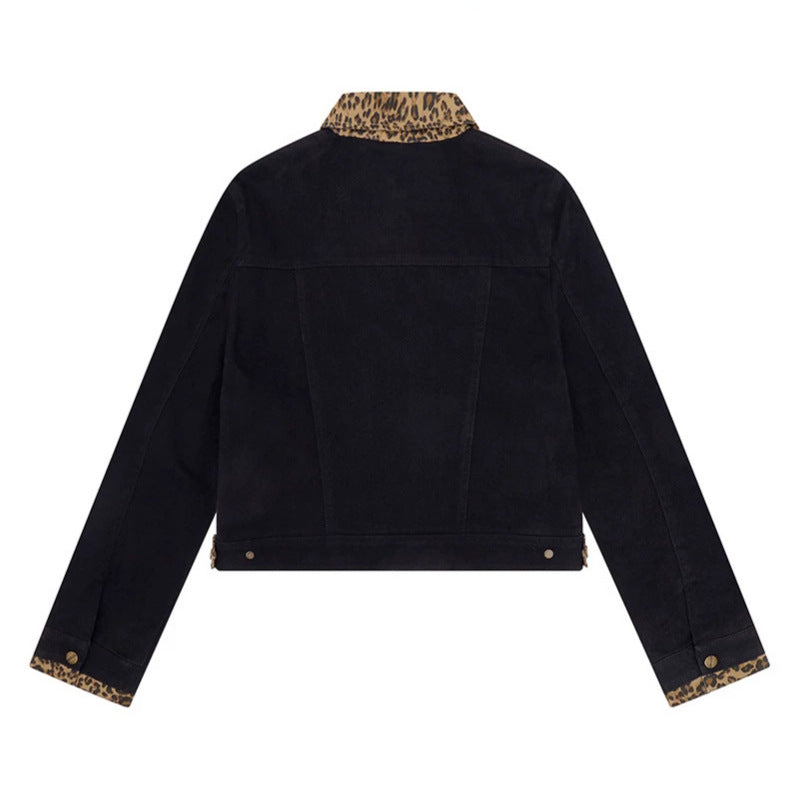 Damen Kurz geschnittene Denim-Truckerjacke mit Leoparden-Kontrastkragen und Umschlagbündchen Drune