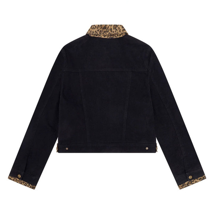 Damen Kurz geschnittene Denim-Truckerjacke mit Leoparden-Kontrastkragen und Umschlagbündchen Drune