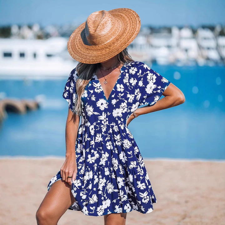 Damen verspieltes Sommerkleid mit V-Ausschnitt und luftigen Ärmeln Drune
