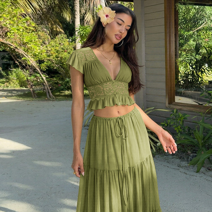 Damen Elegantes Maxikleid mit Spitzenoberteil und fließendem Saum Drune