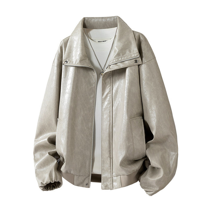 Damen Modische Kunstlederjacke mit hohen Kragen Drune