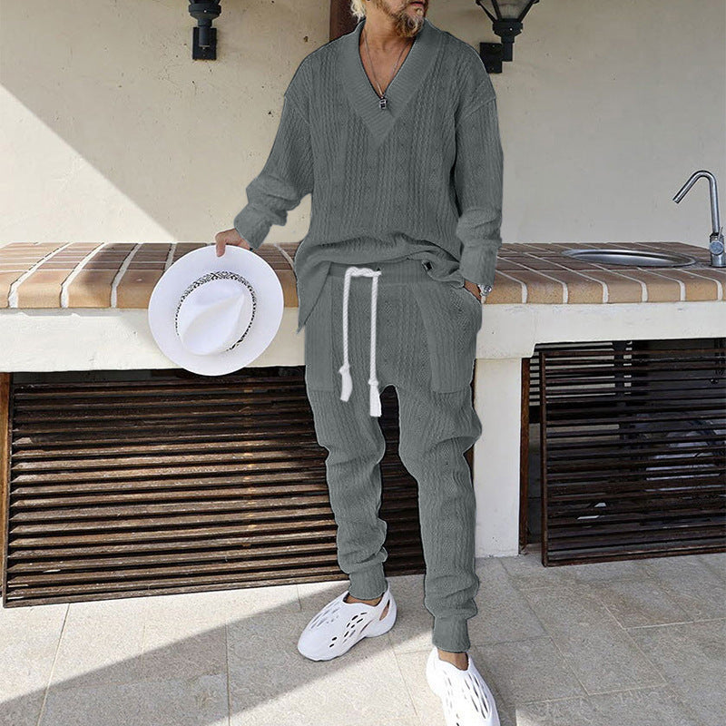 Herren Strukturiertes Strick-Loungewear-Set mit V-Ausschnitt und Tunnelzug-Jogginghose Drune