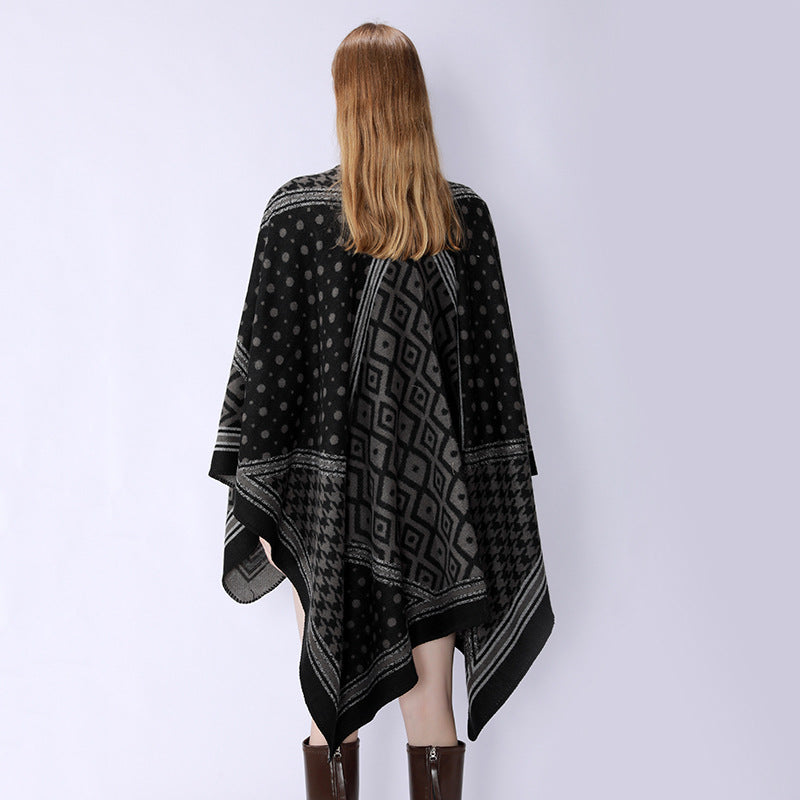 Damen Gewebter Jacquard‑Capeponcho mit Hahnentritt‑ und Ornamentmix Drune