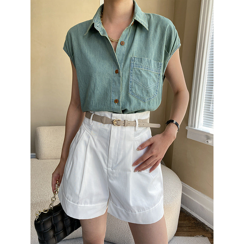 Damen Kurzarm-Bluse mit klassischem Hemdkragen und Brusttasche Drune