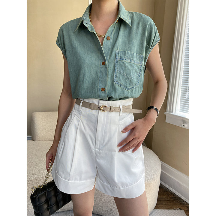 Damen Kurzarm-Bluse mit klassischem Hemdkragen und Brusttasche Drune