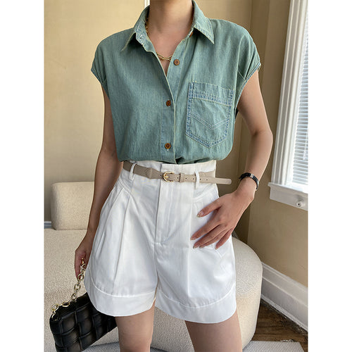 Damen Kurzarm-Bluse mit klassischem Hemdkragen und Brusttasche Drune