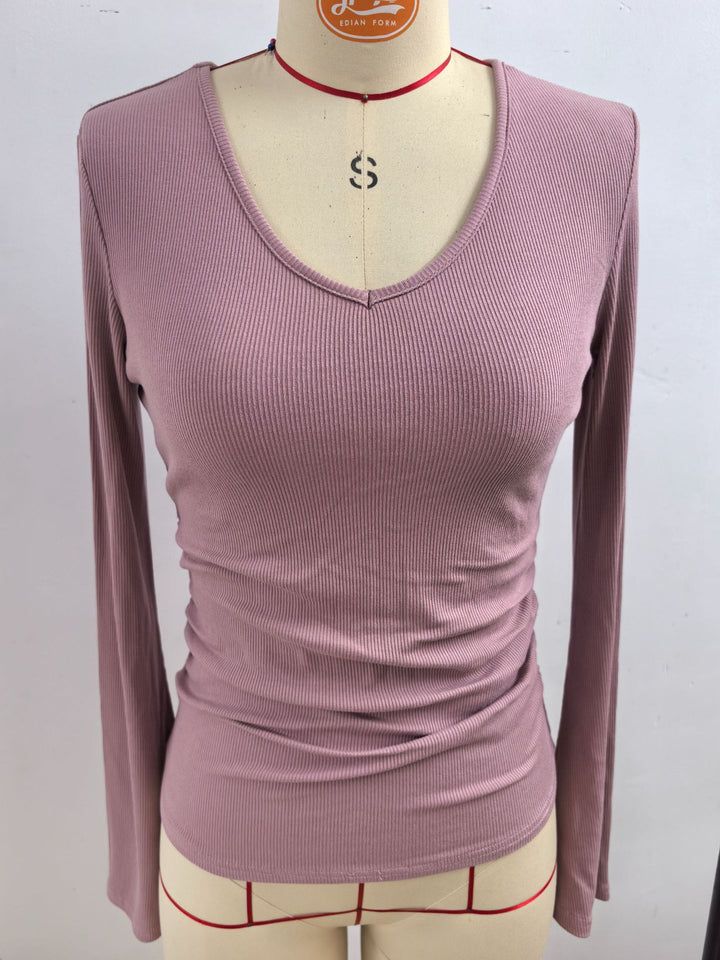 Damen Geripptes Cropped-Top mit V-Ausschnitt, taillierter Raffung und ausgestellten Trompetenärmeln Drune
