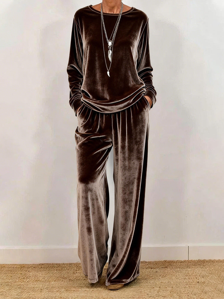 Damen Samt-Lounge-Set mit weitem Bein und Rundhalsausschnitt Drune