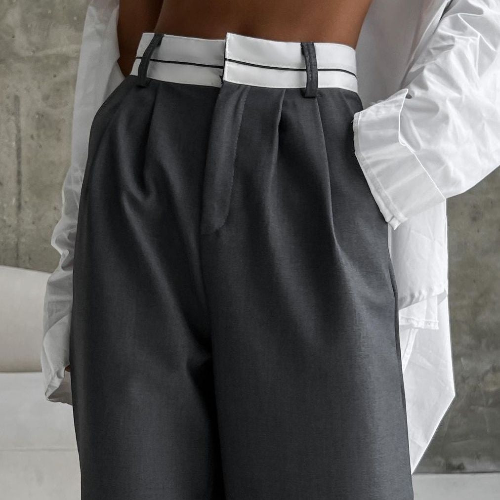 Damen weite Stoffhose mit elastischem Bund und kontrastierendem Gürtel Drune
