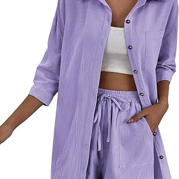 Damen Leichtes Longline-Hemdjacken-Set mit elastischer High-Waist-Shorts Drune