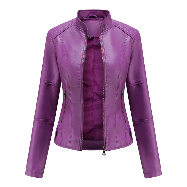 Damen nan schlanke Kunstlederjacke im Bikerstil mit Stehkragen und formenden Abnähern Drune