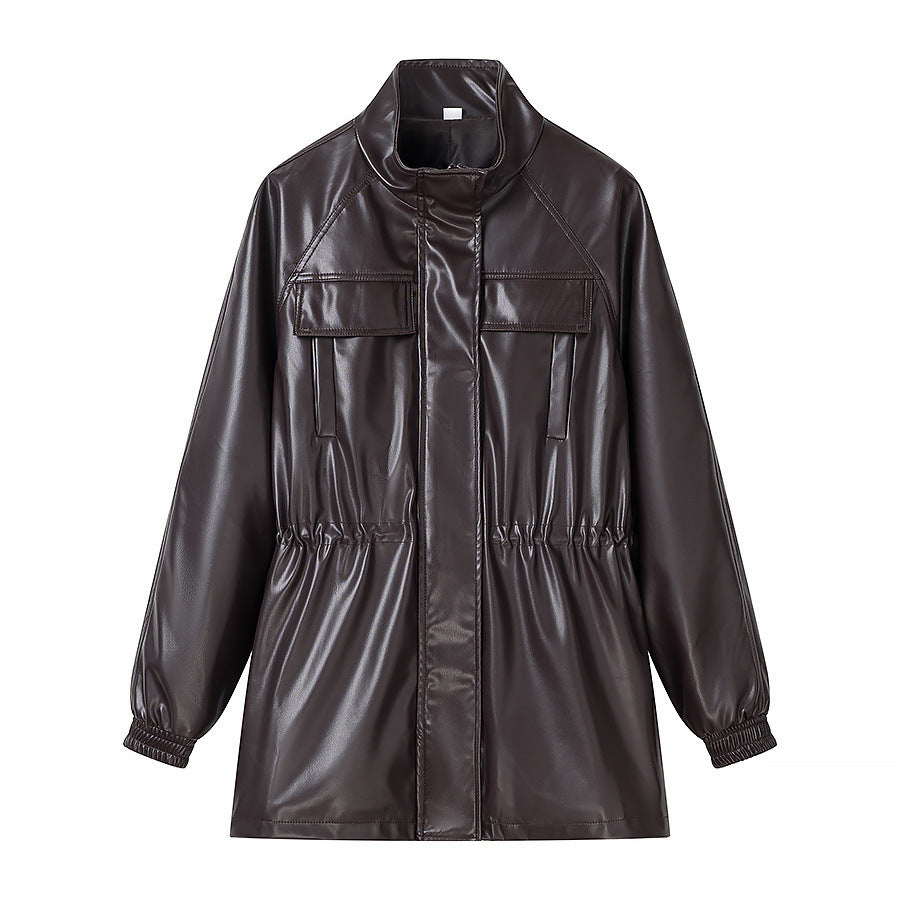 Damen Kunstleder-Parka mit Tunnelzugtaillen, Stehkragen und Pattentaschen Drune