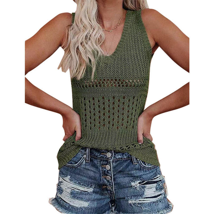 Damen luftiges Stricktop mit V-Ausschnitt und feinen Lochmustern Drune