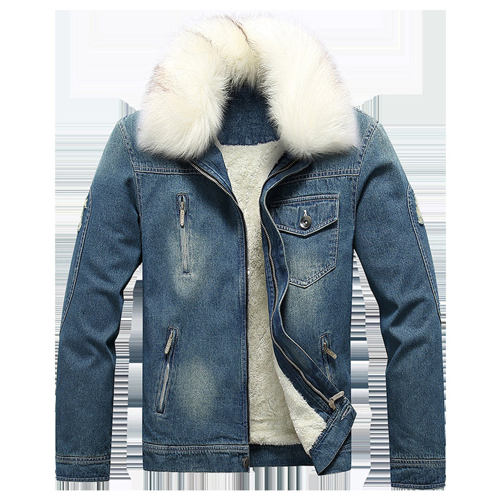 Herren Jeansjacke mit Teddyfutter, Kunstfellkragen und multifunktionalen Reißverschlusstaschen Drune