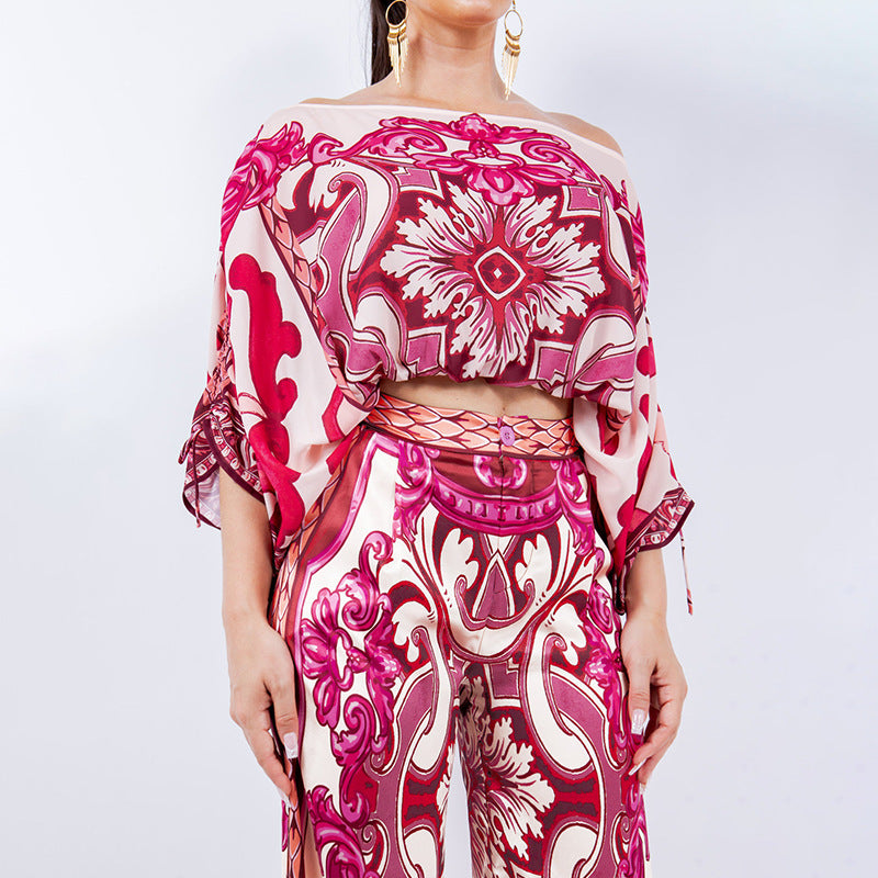 Damen Edles Kombination Outfit mit weitem Bein und eleganten Muster Drune