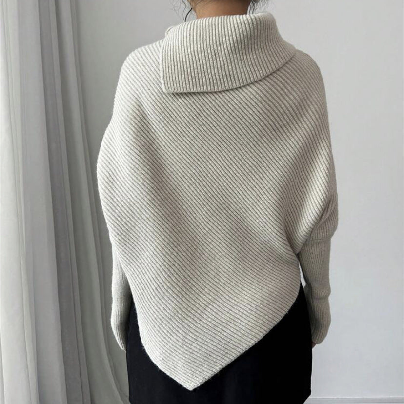 Damen Asymmetrischer Rippenstrick-Poncho mit hohem Rollkragen und verlängerten Ärmeln Drune