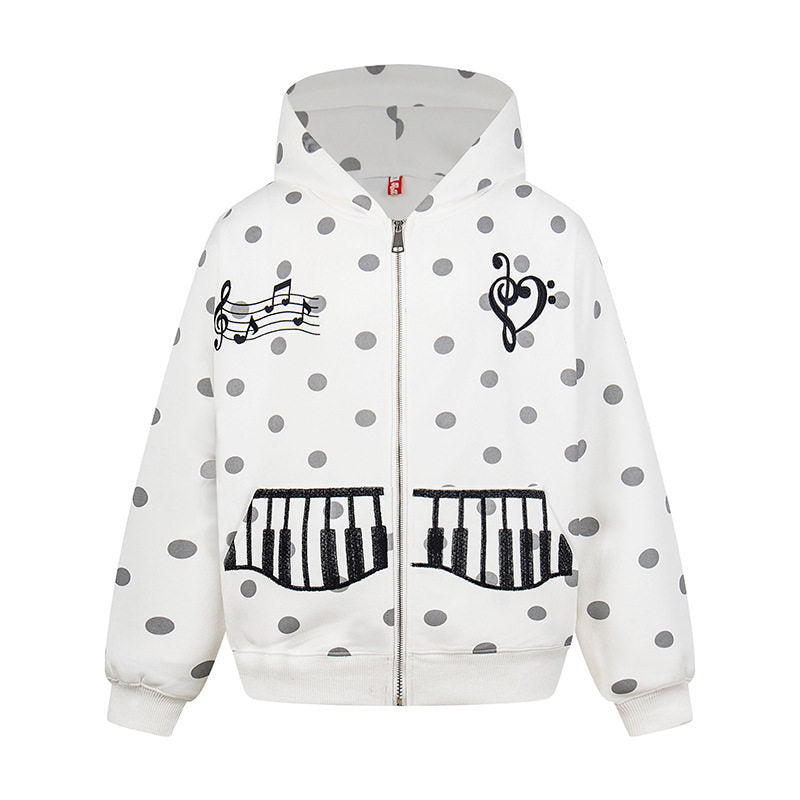 Damen Kapuzen-Sweatjacke im Retro-Punkte-Look mit gestickten Klavier-Taschen und Noten-Emblem Drune