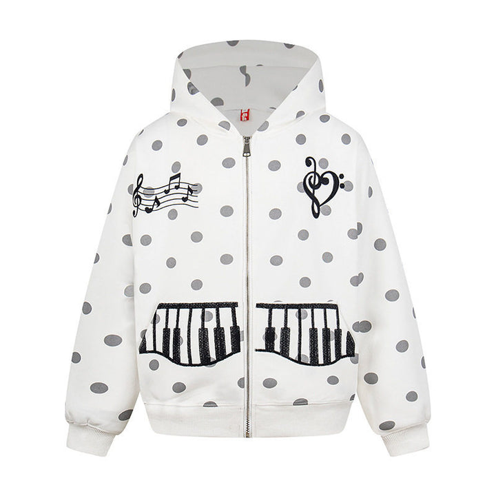 Damen Kapuzen-Sweatjacke im Retro-Punkte-Look mit gestickten Klavier-Taschen und Noten-Emblem Drune