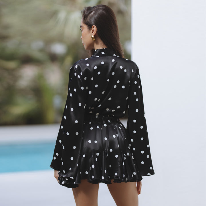 Damen Polka Dots Minikleid mit V-Ausschnitt und weitem Ärmel Drune