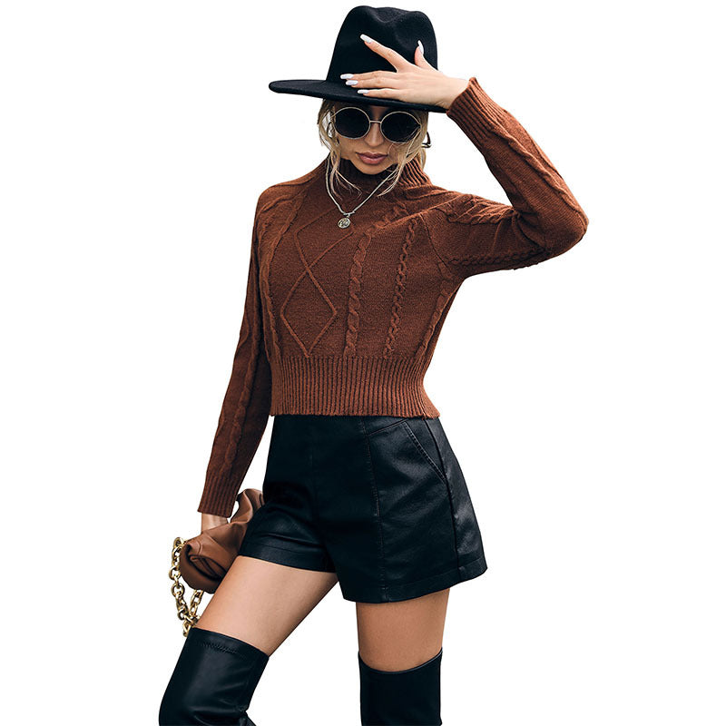 Damen Kurzer Zopfmuster-Strickpullover mit hohem Rippenbündchen Drune