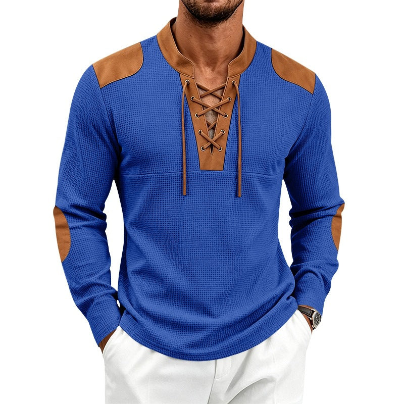 Herren Waffelstrick-Langarmshirt mit Schnürkragen und Kunstleder-Patches Drune