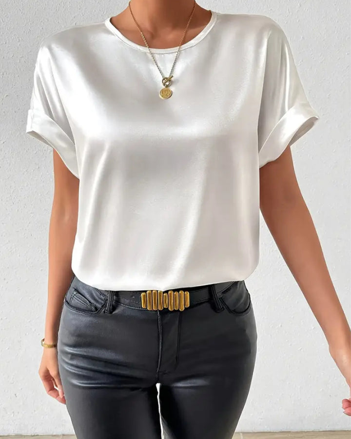 Damen nan leichtes Satin-Blusenshirt mit Rundhalsausschnitt und Umschlagärmeln Drune