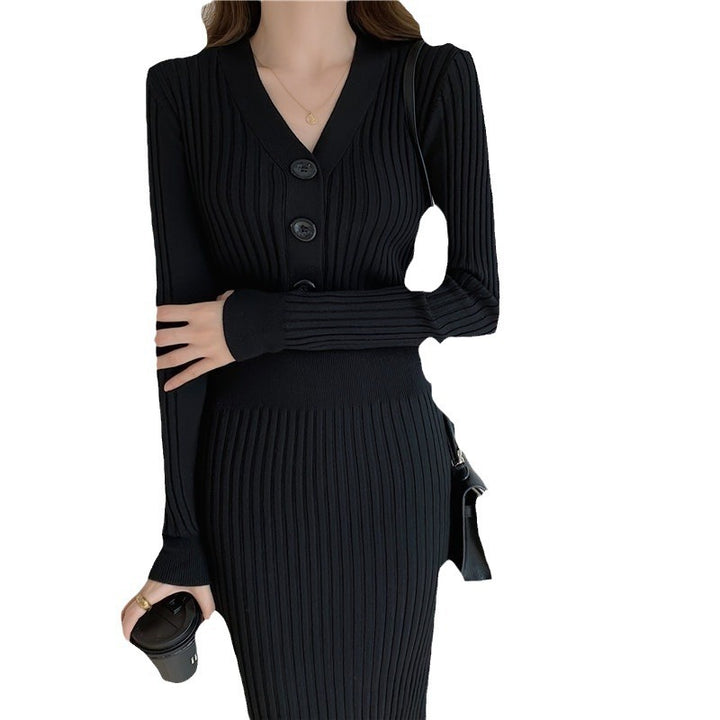 Damen Langarm-Strickkleid mit V-Ausschnitt und Knopfdetails Drune