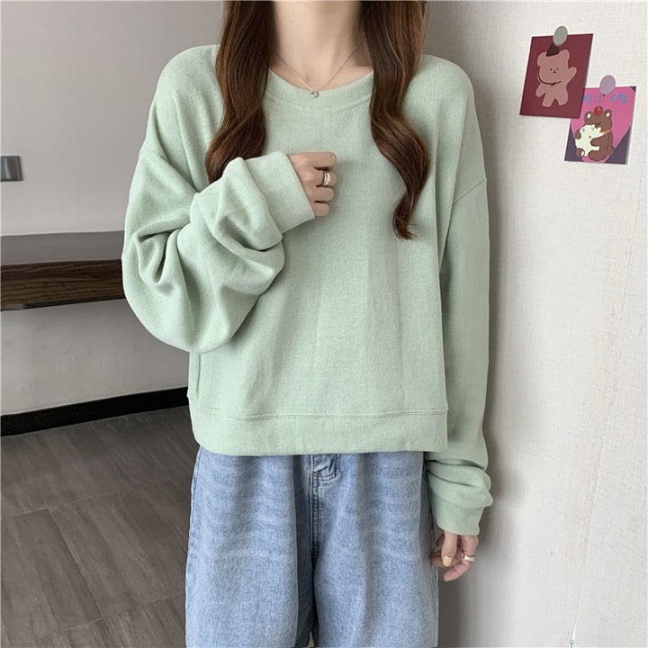 Damen lässiger cropped Pullover aus weichem Baumwollmix mit modischem Rundhalsausschnitt Drune