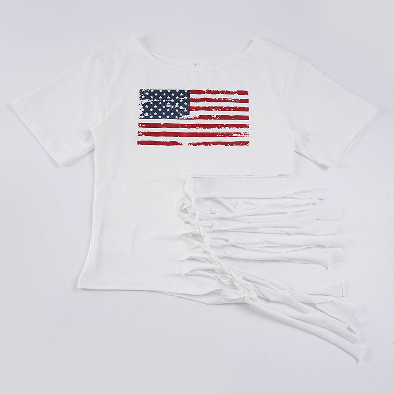 Damen lässiges Crop-Top mit amerikanischem Flaggenmotiv und modischem Fransen-Design Drune