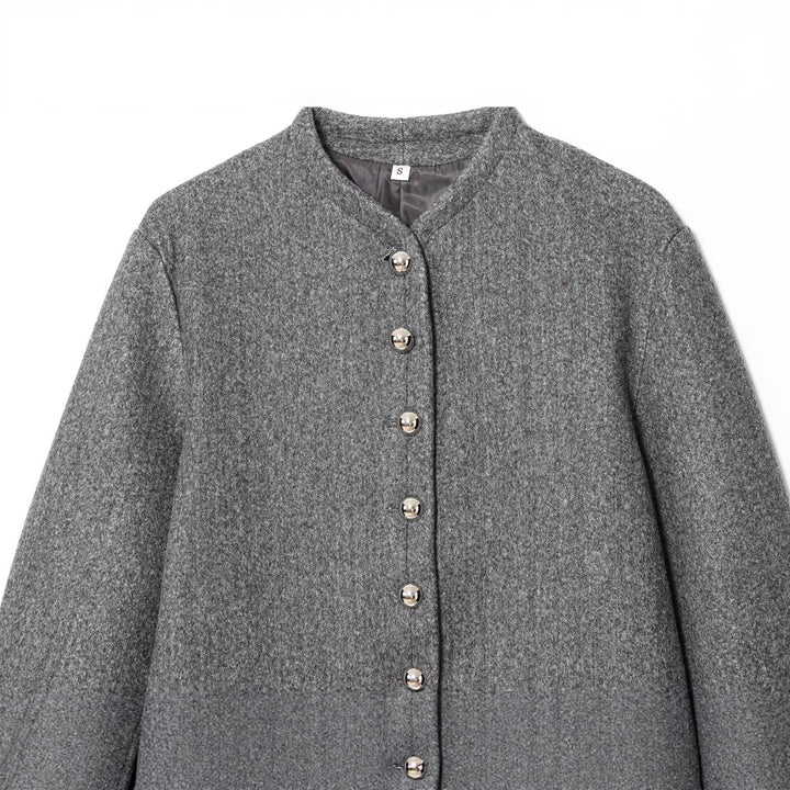 Damen Kurze Boxy‑Wollmix‑Jacke mit Rundhals und dekorativen Metallknöpfen Drune